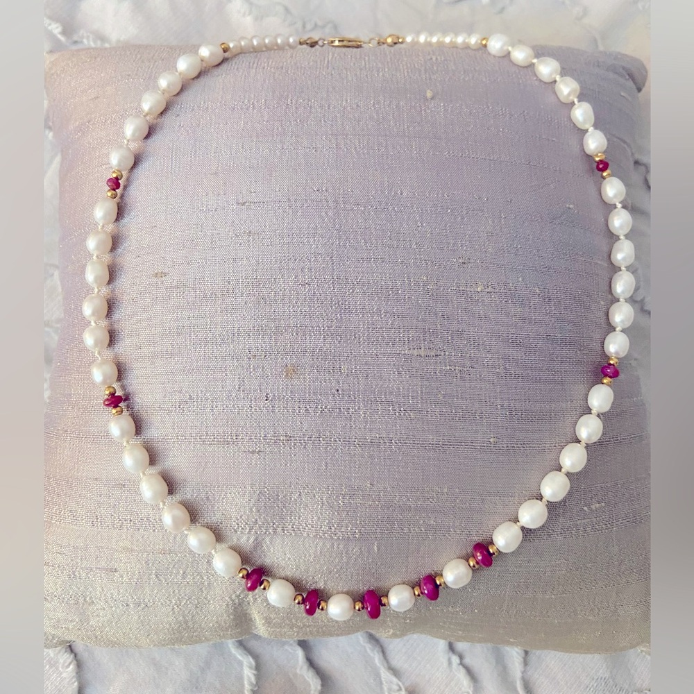 14k Genuine Pearl and Ruby Necklace Marked